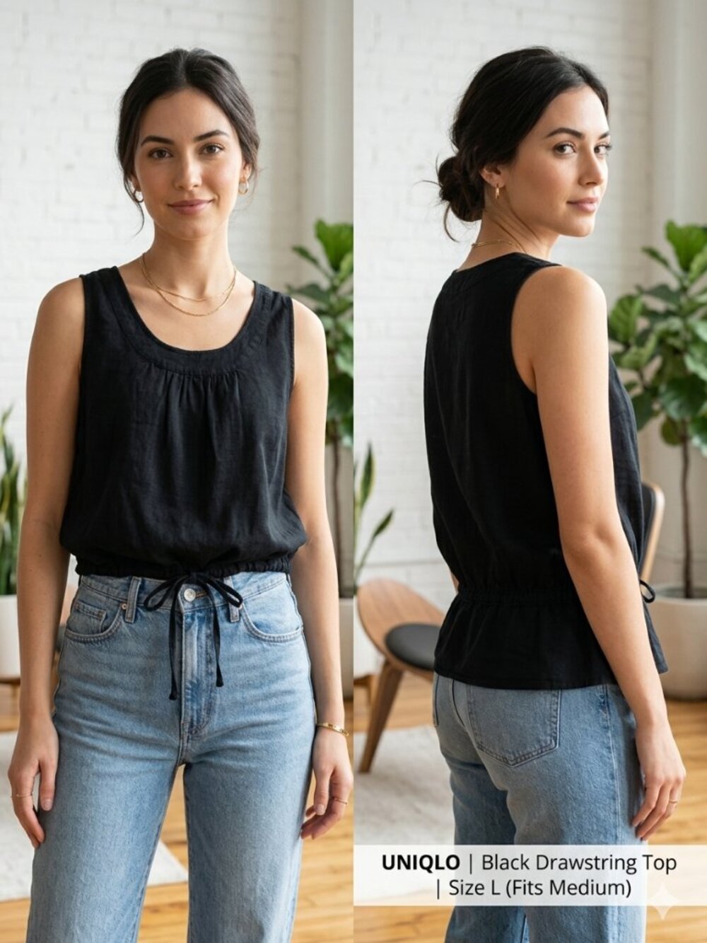 Uniqlo Y2K Black Sleeveless Cotton Linen Blend Women's Top - Size L fits Medium